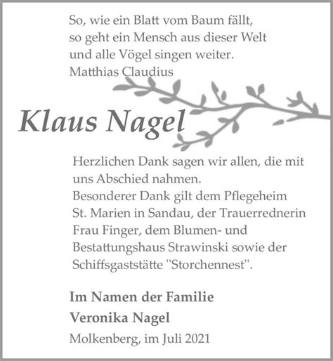 Traueranzeigen Von Klaus Nagel Abschied Nehmen De