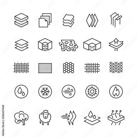 Fabrics and layered material related icons: thin vector icon set, black ...