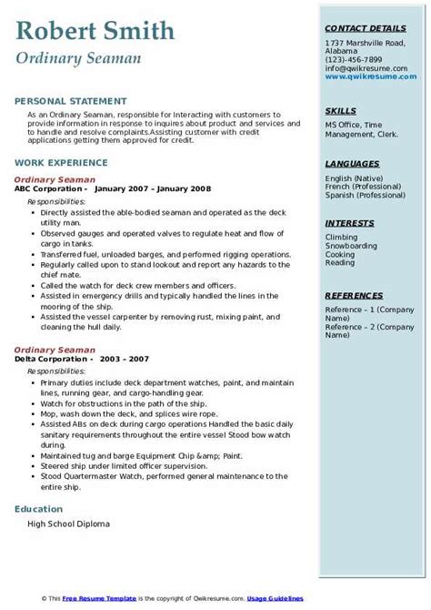 Ordinary Seaman Resume Samples Qwikresume