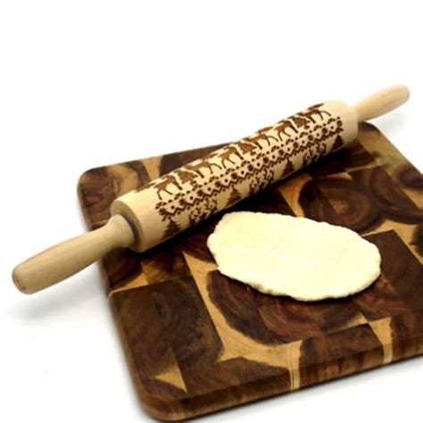 New Christmas Rolling Pin Engraved Carved Wood Embossed Rolling Pin