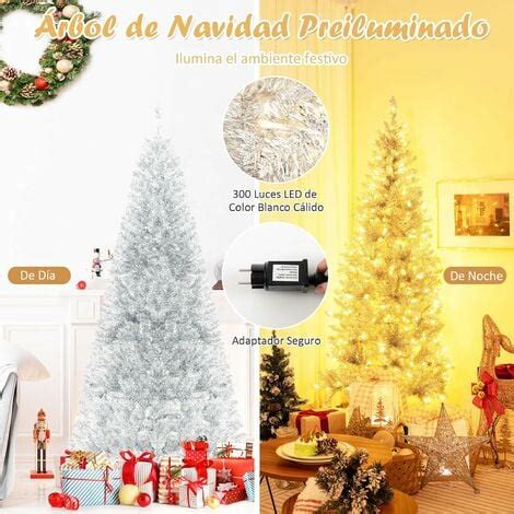 Costway Cm Rbol De Navidad Artificial Plateado De Oropel Luces