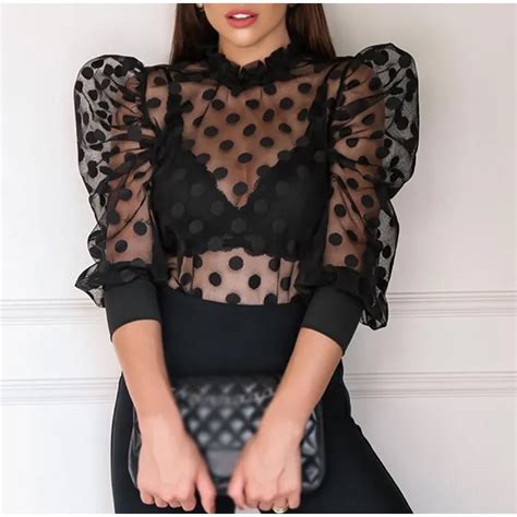 Kadın Örgü Sheer Bluz See Through Fener Uzun Kollu Gömlek Moda Polka