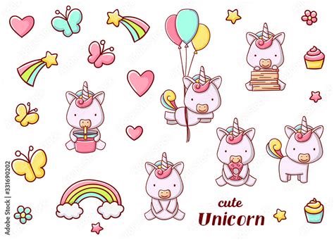 Set Cute Kawaii Hand Drawn Unicorn Doodles Isolated On White