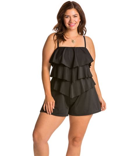 Fit4U Swimwear Plus Size Solid Tiered Swim Romper at SwimOutlet.com - Free Shipping