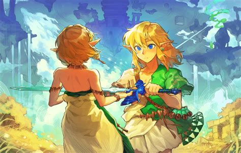 Safebooru 1boy 1girl 9twoeight Absurdres Archaic Set Zelda Blonde Hair Blue Eyes Dress