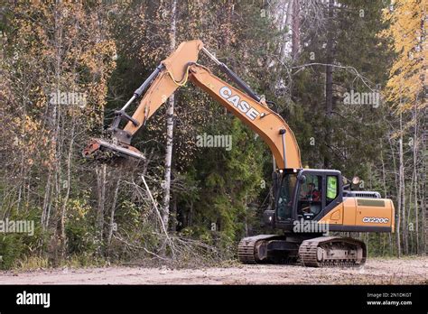 Mulching Roadside Vegetation With Mulcher Head Excavator Stock Photo