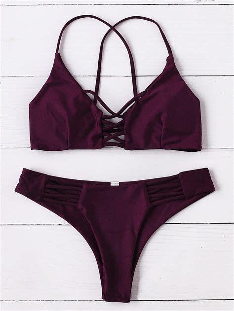 Shop Burgundy Criss Cross Design Bikini Set Online Shein Offers Burgundy Criss Cross Design