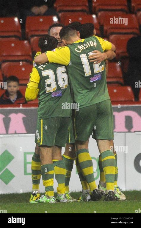 Notts County players celebrate their first goal of the game scored by ...