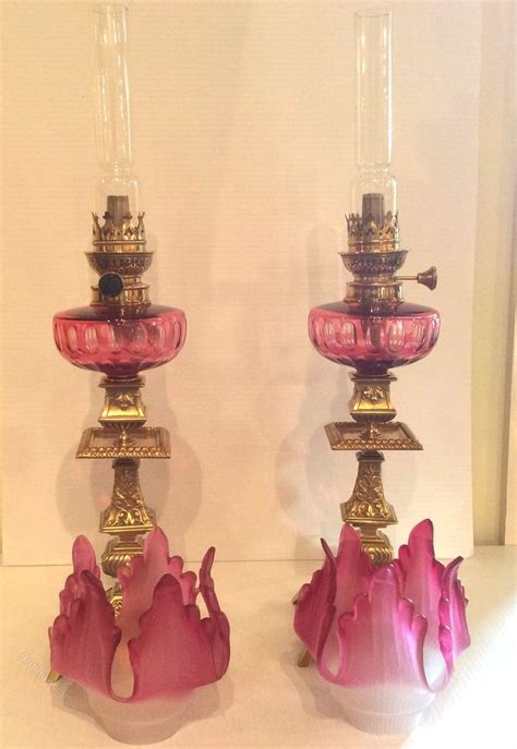 Stunning Pair Of Antique Ruby Glass Peg Oil Lamps Oil Lamps Art