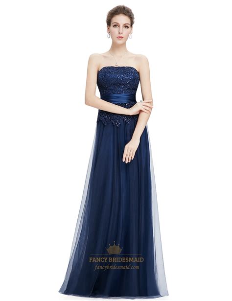 Navy Blue Tulle Prom Dress With Beaded Lace Applique Fancy Bridesmaid