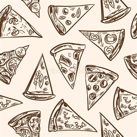 Seamless Pattern With Sliced Italian Pizza Sketches Cheese Pepperoni