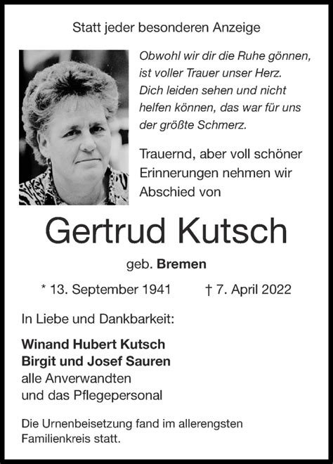 Traueranzeigen Von Gertrud Kutsch Aachen Gedenkt