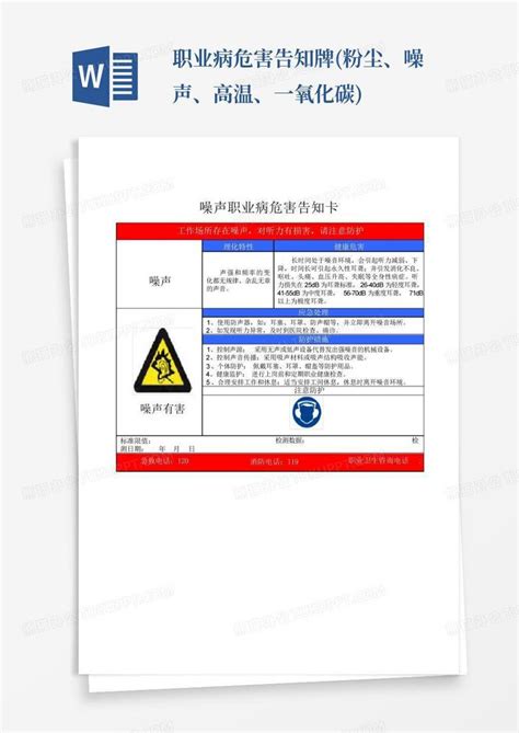 职业病危害告知牌粉尘、噪声、高温、一氧化碳word模板下载编号lzxoznbn熊猫办公