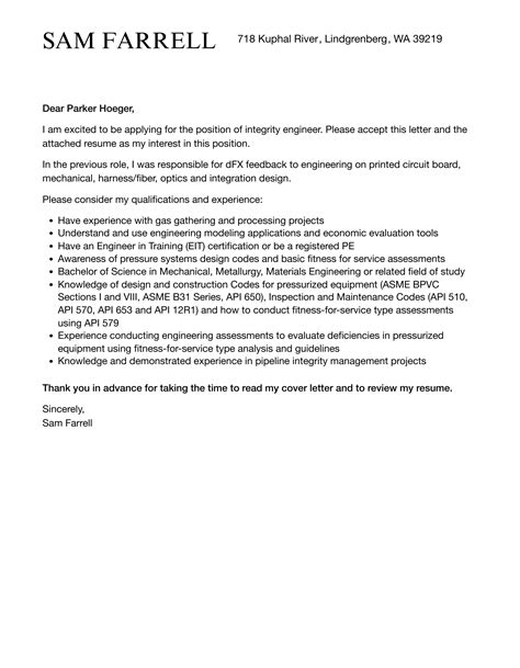 Integrity Engineer Cover Letter Velvet Jobs