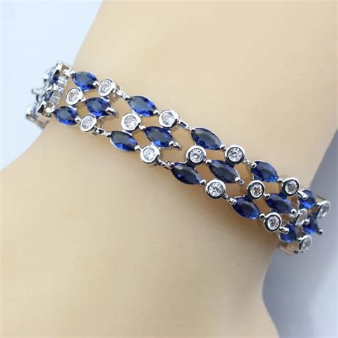 Buy Blue Zircon 925 Silver Color Link Chain Bracelet