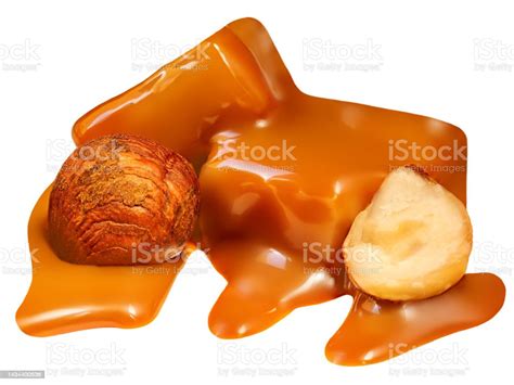 Caramel With Nuts And Sauce Flowing On Caramel Candy Isolated On White ...