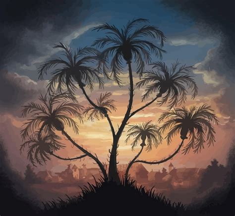 Una Pintura De Palmeras Con Una Puesta De Sol En El Fondo Vector