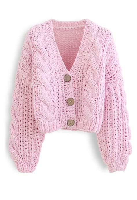 V Neck Crop Hand Knit Chunky Cardigan In Pink Retro Indie And Unique Fashion