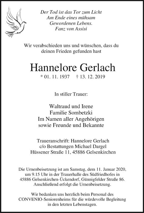 Traueranzeigen Von Hannelore Gerlach Trauer In Nrw De