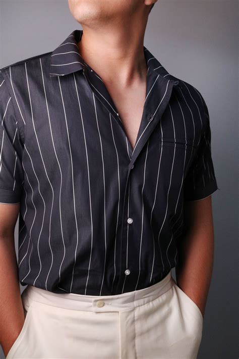 Black Pinstripe Mens Short Sleeve Shirt