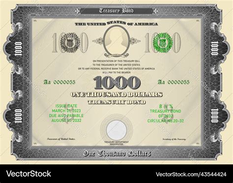 Gray One Thousand Us Dollar Treasury Bond Vintage Vector Image