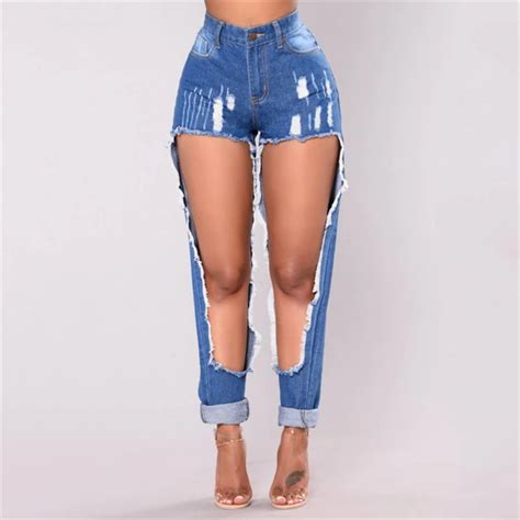 Plus Size 2XL Women Cool Boyfriend Style Jeans Hole Destroyed Ripped Distressed Slim Denim Jeans ...