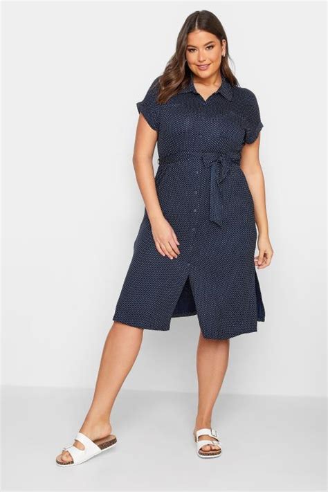 Yours Curve Plus Size Navy Blue Polka Dot Split Hem Shirt Dress Yours