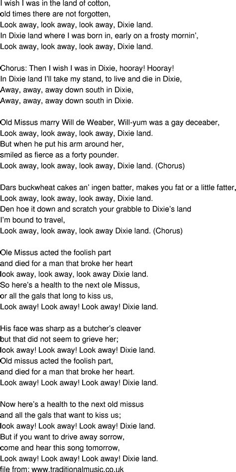 Old Time Song Lyrics Dixie