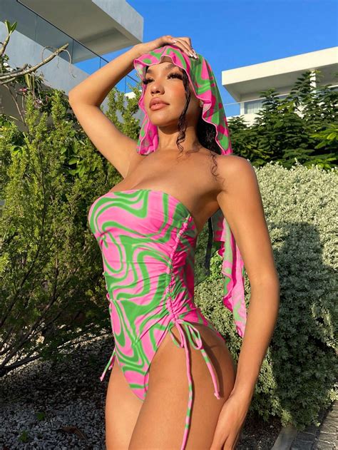 Shein Swim Y Glam Allover Print Drawstring Side Bandeau One Piece