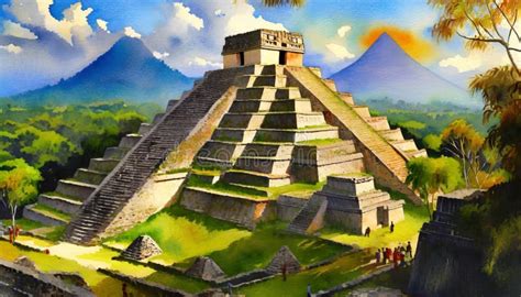 Watercolor Painted Ancient Mayan Pyramids Stock Illustration