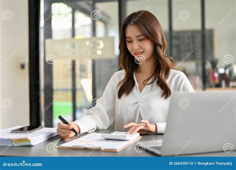 Charming Asian Female Accountant Working At Her Desk In The Office