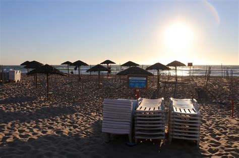 Premium Photo Lounge Chairs And Thatched Roof Parasols At Sandy Beach