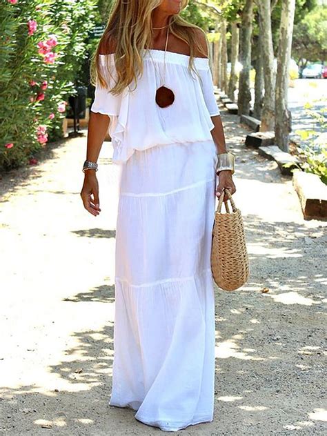 Boat Neck Loosen Casual Solid White Wedding Maxi Short Sleeve Woven