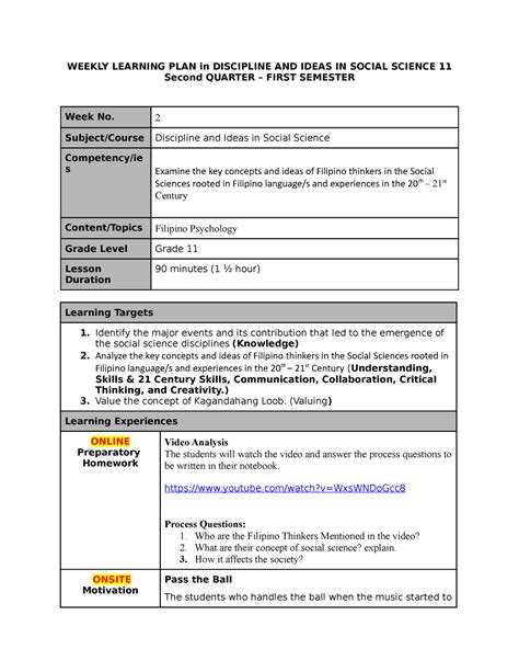 Q Lp Diss Notes Shs Weekly Learning Plan In Discipline And Ideas