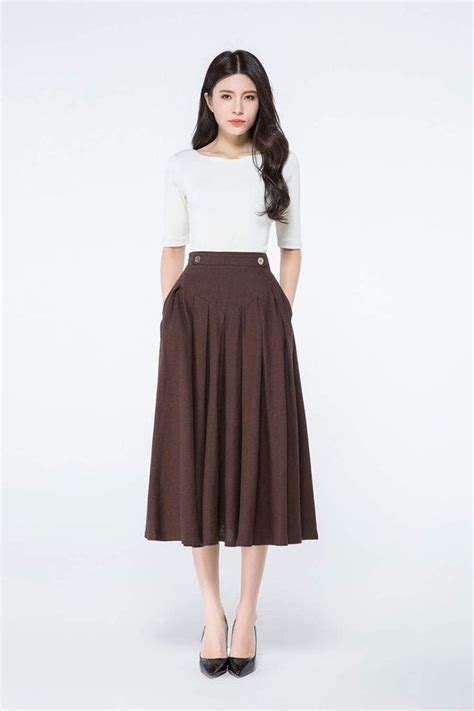 Brown Linen Midi Skirt Pleated Linen Skirt Womens Circle Skirts