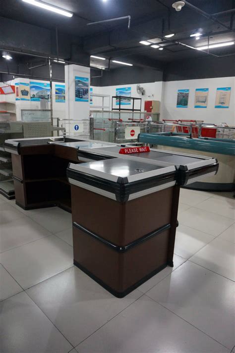 Supermarket Retail Cash Checkout Counter Cashier Desk With Conveyor