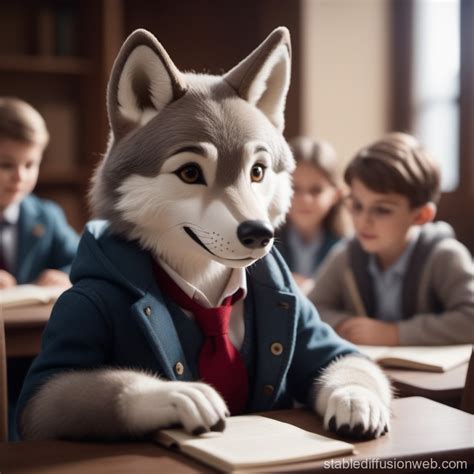 Happy Cute Wolf Collaborates With Classmates Stable Diffusion Online