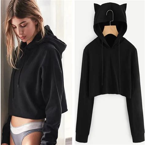 Vdogrir Black Long Sleeve Cropped Hoodies Sweatshirt Women Cat Hooded