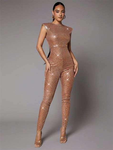 Shein Bae Christmas Shoulder Pad Sequin Unitard Jumpsuit For Sale