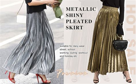 Chartou Womens Premium Metallic Shiny Shimmer Accordion Pleated Long Maxi Skirt At Amazon Women