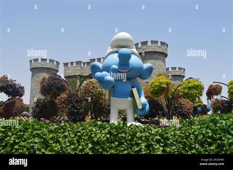 Dubai UAE June 01 2022 A Giant Figure Of A Smurf Holding A Book At