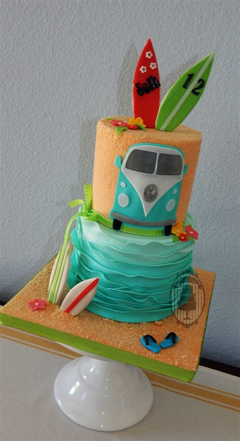 Surfing Birthday Cake With Vw Van Surfing Boards And Sand Surfer