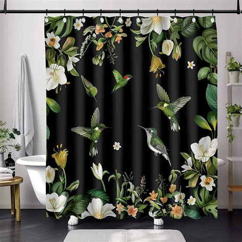 Nature Inspired Floral And Hummingbird Shower Curtain In Elegant Black