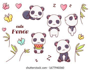 Set Cute Kawaii Hand Drawn Panda