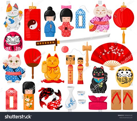 Cartoon Japanese Symbols Oriental Traditional Toys Stock Vector