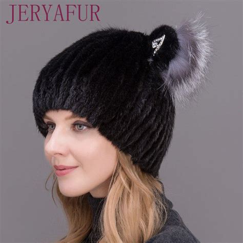 Jeryafur Real Mink Fur Pompom Hat Female Fashion Fox Fur Winter Hats For Women Thick Warm