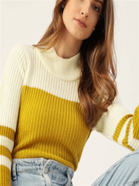 Buy DressBerry Women Mustard Yellow Off White Colourblocked Ribbed