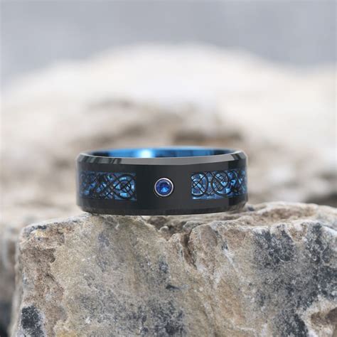 Mens Black Celtic Dragon Tungsten Carbide Wedding Ring With Blue Carbon