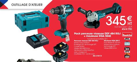 Promo Pack Perceuse Visseuse Ddf 484 Rgj Meuleuse Dga 504z Chez Brico