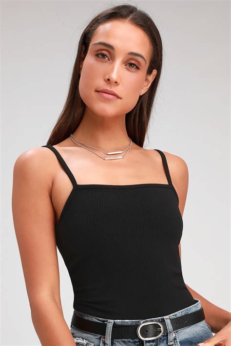 Cute Black Top Ribbed Tank Top Square Neck Tank Top Tank Lulus